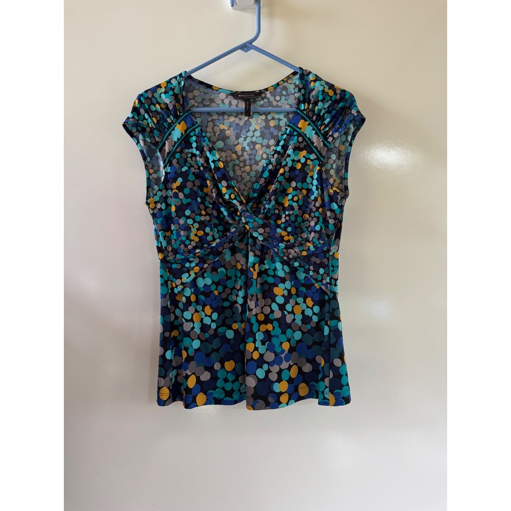 BCBGMAXAZRIA Blue Multicolor Polka Dot Twist Front V-Neck Blouse Top